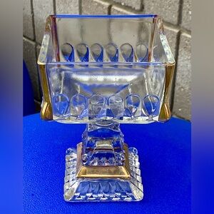 Mid Century Vtg Jeanette Gold Trim Cut Glass Pedestal Wedding Bowl Candy Dish